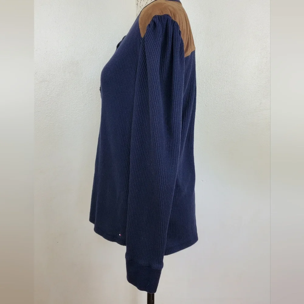 Tommy Hilfiger Henley Top Women’s XL Navy Waffle Knit Long Sleeve Pullover - Picture 2 of 12